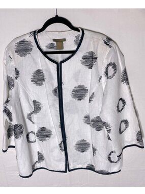 Vintage Ann Carson White W Black Dots Hook Closure Front Linen Light Jacket 1X